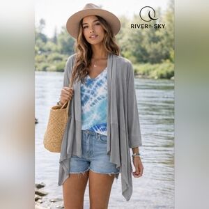 River + Sky Mixed Up Wrap Cardigan Shadowland Gray Draped Open Front NWT S/M